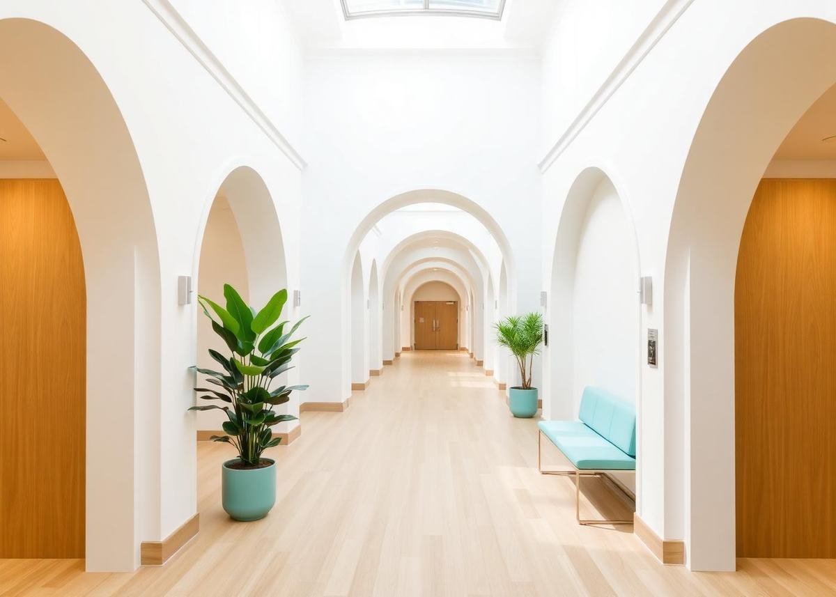 Arched corridor connecting the treatment rooms at Aura Dental & Skin
